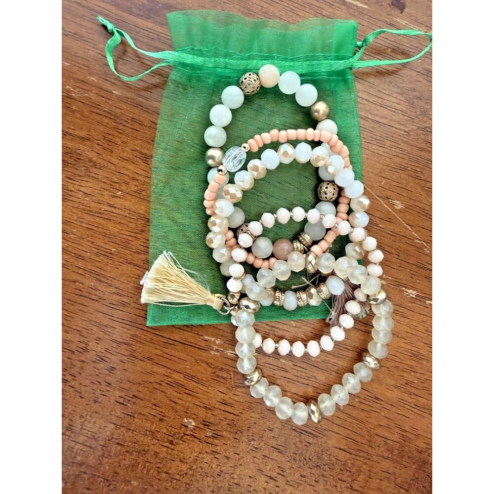 7-Piece BOHO Beaded Stretch Bracelet Stack Pastel Gold Tone Tassel Set